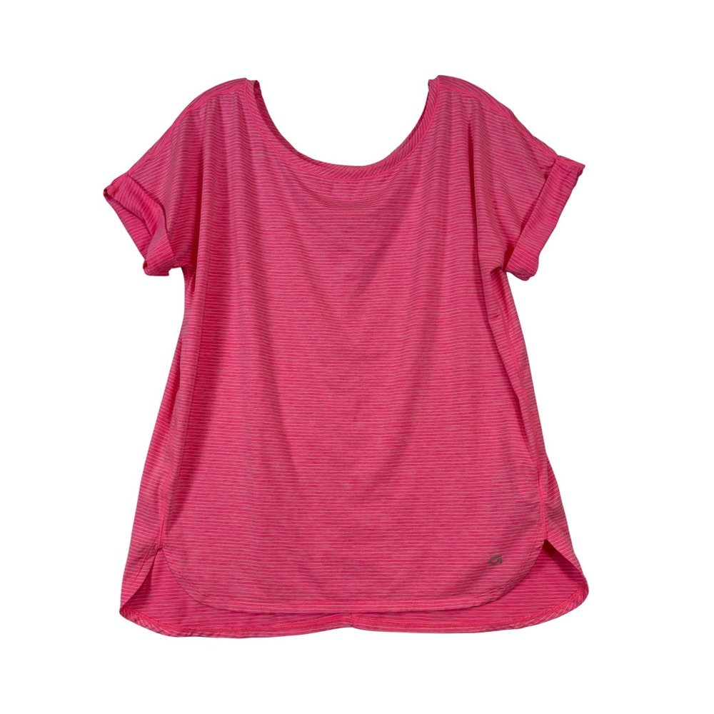 GapFit Breathe Womens Medium Pink Space Dye Stripe Short Sleeve Workout Top Yoga